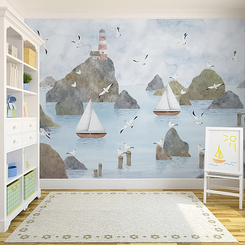 Coastal Lighthouse Kids Wall Mural – Sailboat & Seagull Sea Wallpaper for Nursery Room