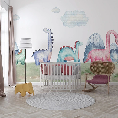 Cute Dinosaur Kids Wall Mural – Pastel Cartoon Nursery Design