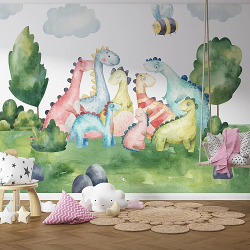 Colorful Dinosaur Kids Wall Mural – Cute Cartoon Nursery Design
