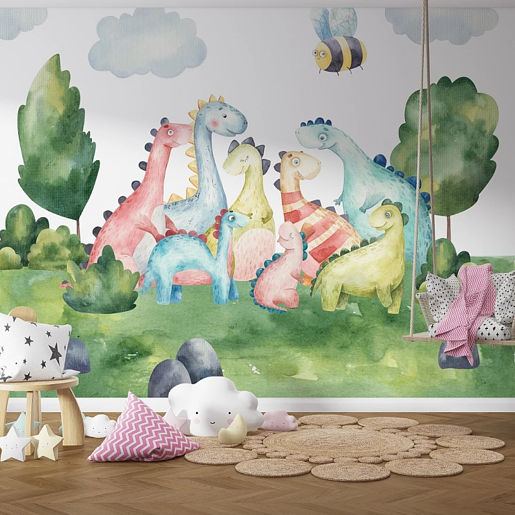 Colorful Dinosaur Kids Wall Mural – Cute Cartoon Nursery Design Colorful Dinosaur Kids Wall Mural – Cute Cartoon Nursery Design