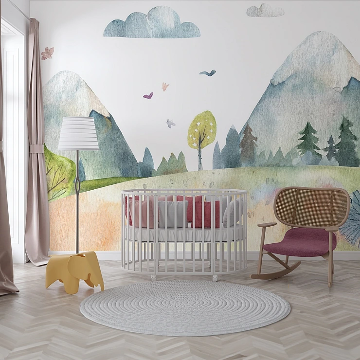 Kids Mountain Landscape Wall Mural – Soft Watercolor Nature Design Kids Mountain Landscape Wall Mural – Soft Watercolor Nature Design
