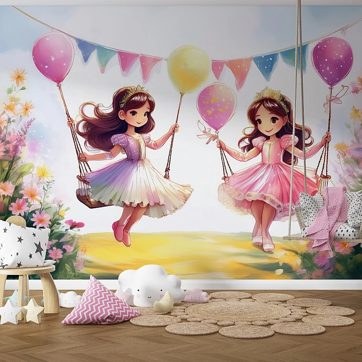 Princess Swing Kids Wall Mural – Cute Girls Balloon Garden Design Princess Swing Kids Wall Mural – Cute Girls Balloon Garden Design