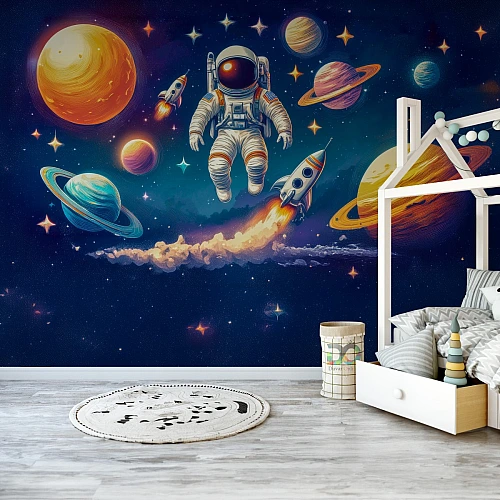 Kids Astronaut Space Wall Mural – Colorful Planets Rocket Galaxy Wallpaper