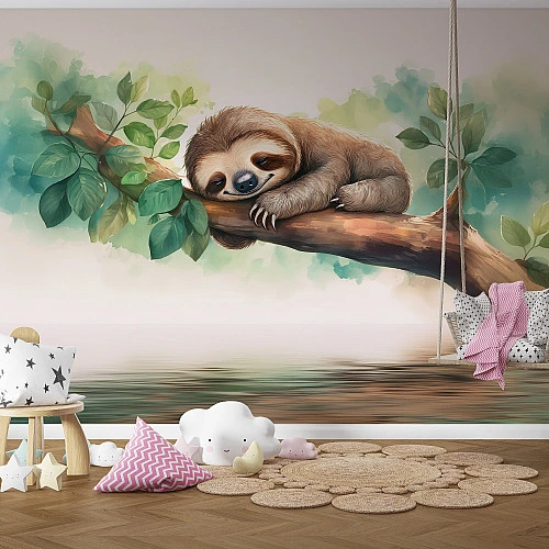 Cute Sloth Kids Wall Mural – Jungle Animal Nursery Design