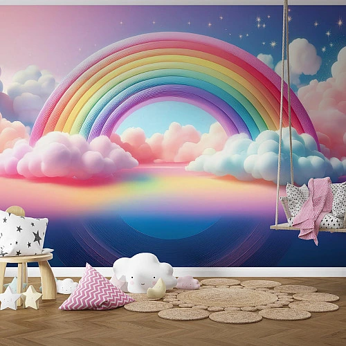 Dreamy Rainbow Sky Wall Mural – Pastel Clouds Kids Design