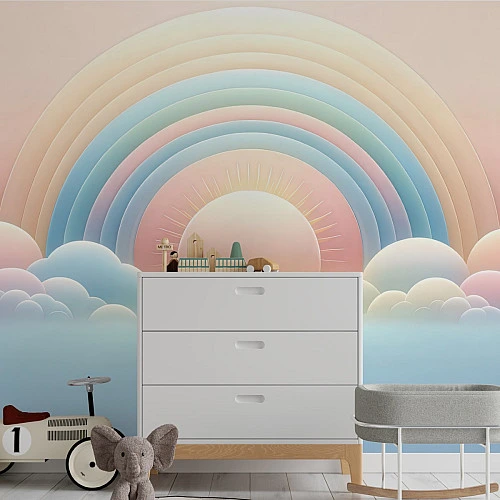 Pastel Rainbow Wall Mural – Soft Kids Cloud Sky Design