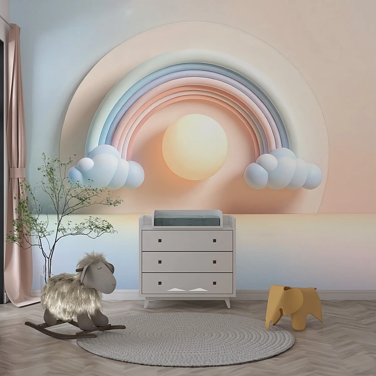 Pastel Rainbow Sun Wall Mural – Soft 3D Nursery Sky Design
