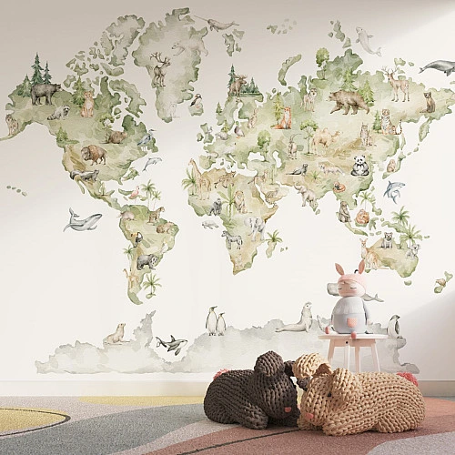 Vintage Animal World Map Wall Mural – Soft Educational Kids Design