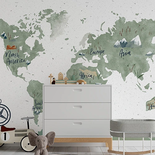 Kids World Map Wall Mural – Minimal Green Educational Design