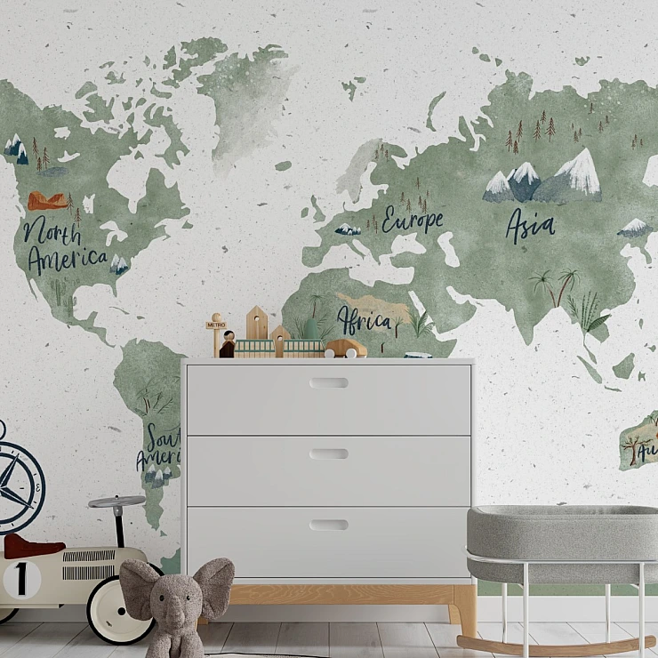 Kids World Map Wall Mural – Minimal Green Educational Design