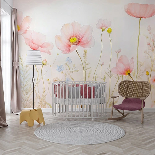 Soft Poppy Flower Kids Wall Mural – Pastel Nursery Floral Design