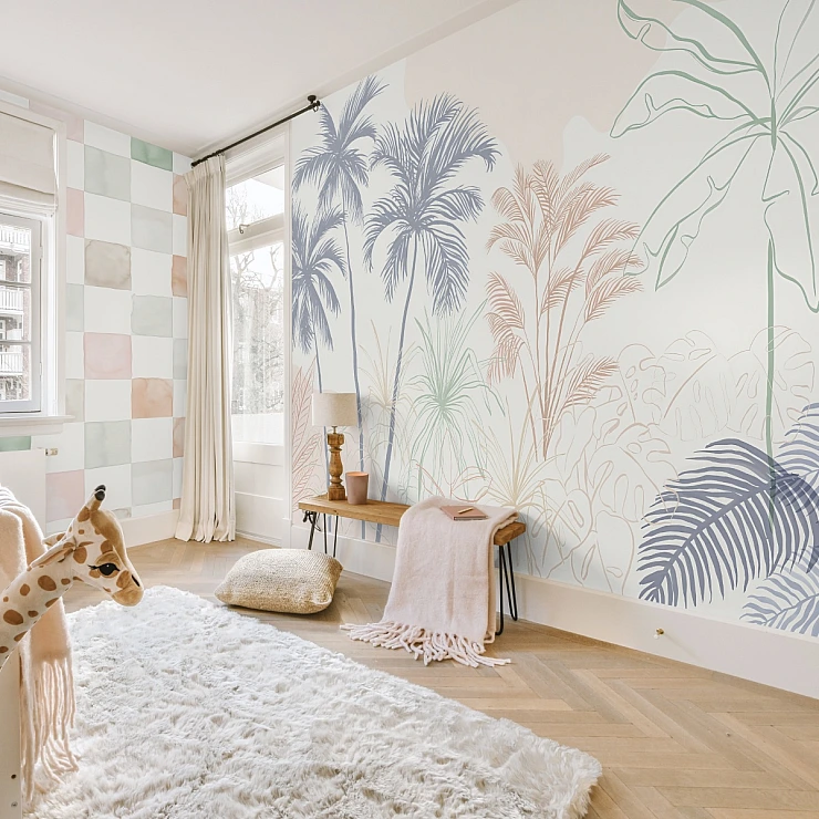 Minimal Tropical Line Art Wall Mural – Pastel Palm Leaves Design Minimal Tropical Line Art Wall Mural – Pastel Palm Leaves Design
