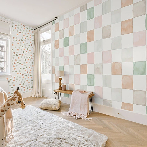 Pastel Square Pattern Wall Mural – Minimal Kids Checkered Design