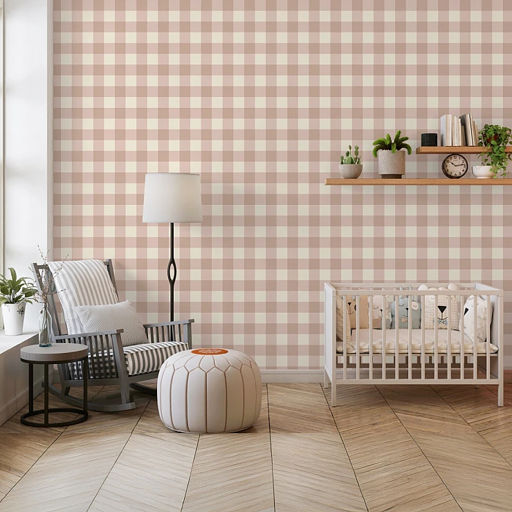 Soft Beige Checkered Wall Mural – Minimal Gingham Nursery Design