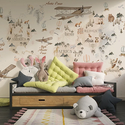 Kids World Map Wall Mural – Vintage Animal Illustration Wallpaper for Children Room
