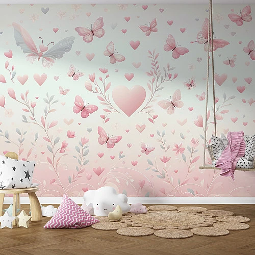 Pink Butterfly Heart Kids Wall Mural – Soft Pastel Nursery Design