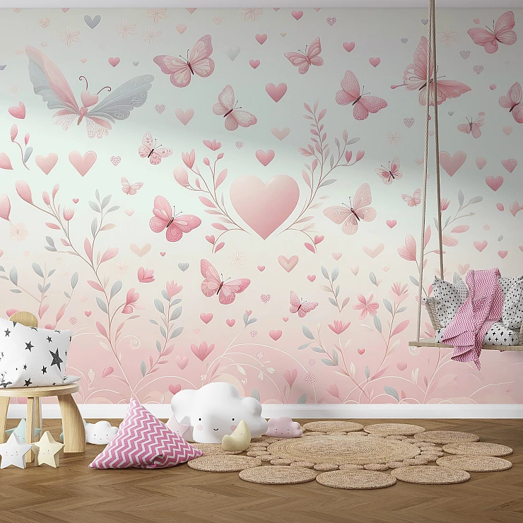 Pink Butterfly Heart Kids Wall Mural – Soft Pastel Nursery Design Pink Butterfly Heart Kids Wall Mural – Soft Pastel Nursery Design