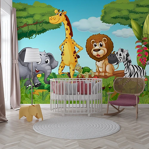 Cute Jungle Animals Wall Mural – Cartoon Safari Wallpaper for Kids Nursery