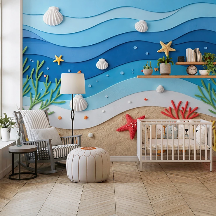 Underwater Waves Kids Wall Mural – 3D Ocean Nursery Design