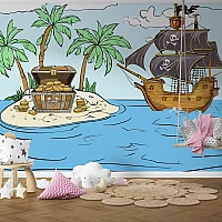 Pirate Treasure Island Wall Mural – Kids Adventure Cartoon Design