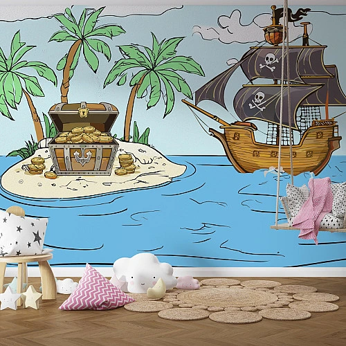 Pirate Treasure Island Wall Mural – Kids Adventure Cartoon Design