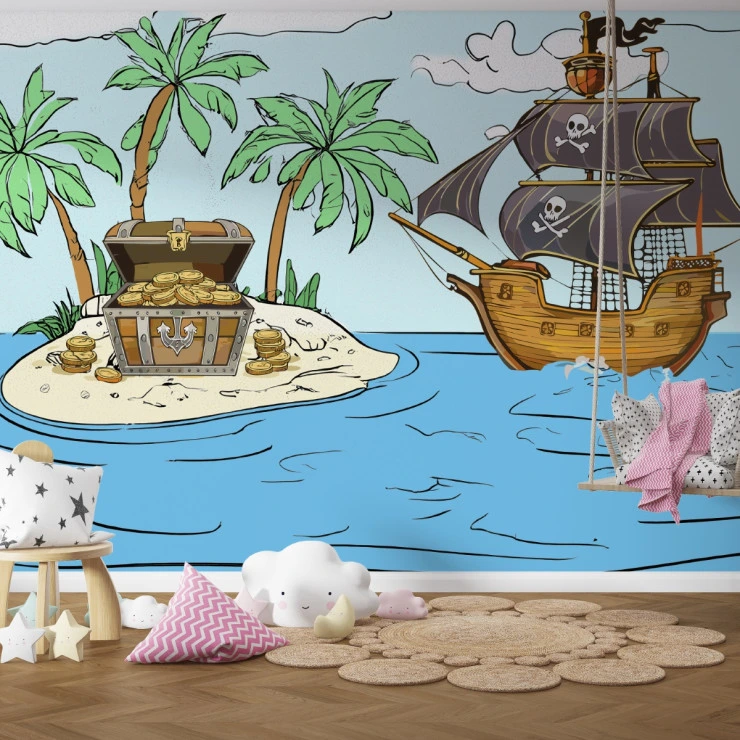 Pirate Treasure Island Wall Mural – Kids Adventure Cartoon Design Pirate Treasure Island Wall Mural – Kids Adventure Cartoon Design