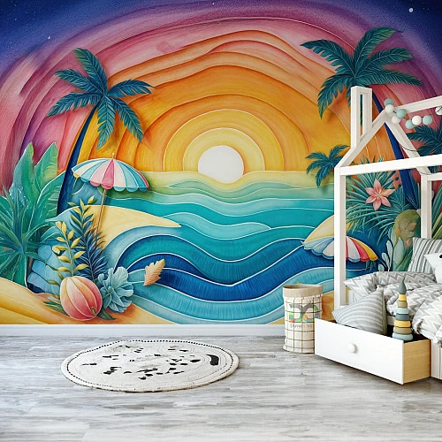 Sunset Beach Kids Wall Mural – Tropical Ocean Rainbow Waves Design