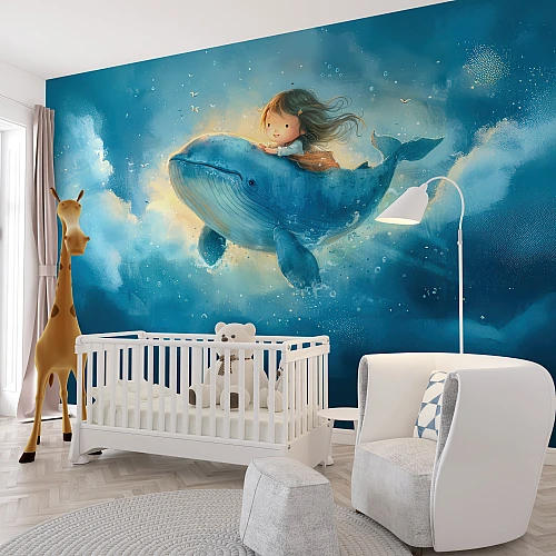 Dreamy Whale Ride Kids Wall Mural – Magical Ocean Fantasy Wallpaper for Nursery & Baby Room