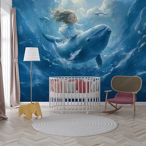 Underwater Whale Adventure Kids Wall Mural – Dreamy Ocean Fantasy Wallpaper for Nursery & Baby Room
