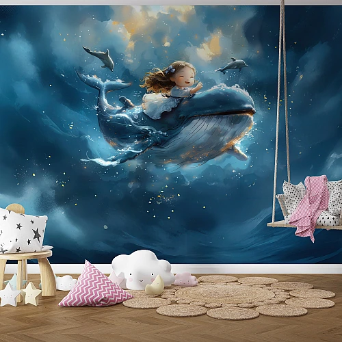 Dreamy Whale Ride Wall Mural – Magical Ocean Adventure Design