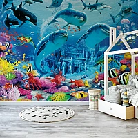 Underwater Dolphin Kids Wall Mural – Ocean Adventure Coral Reef Design