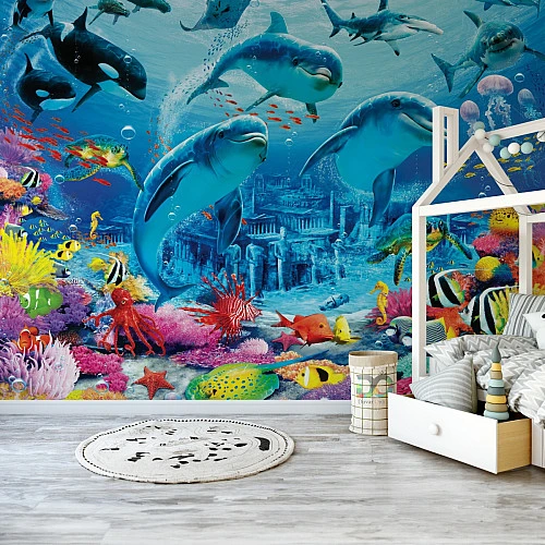 Underwater Dolphin Kids Wall Mural – Ocean Adventure Coral Reef Design