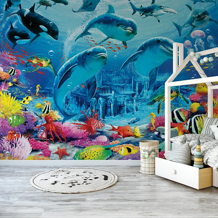 Underwater Dolphin Kids Wall Mural – Ocean Adventure Coral Reef Design