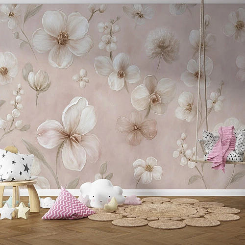 Soft Pink Floral Kids Wall Mural – Elegant Blossom Nursery Design