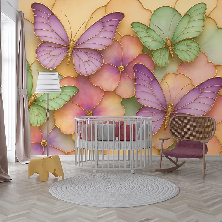 3D Butterfly Floral Wall Mural – Pastel Kids Nursery Design