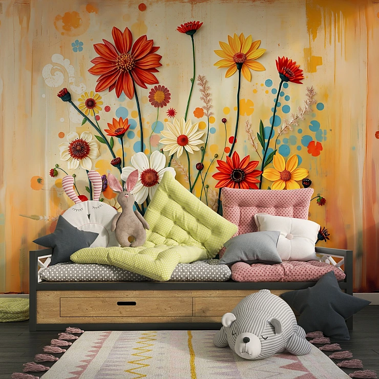 Playful Wildflower Kids Wall Mural – Colorful Artistic Floral Design
