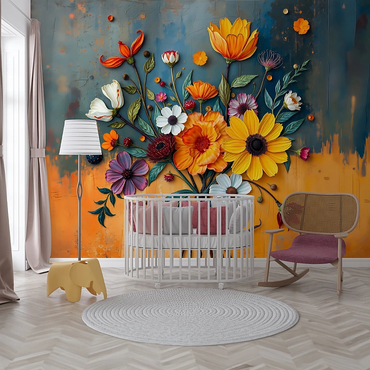 Colorful Floral Art Kids Wall Mural – Modern 3D Flower Design