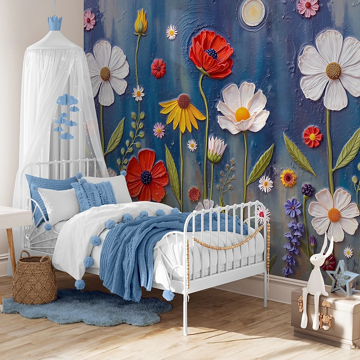 Colorful Floral Kids Wall Mural – 3D Garden Flowers Nursery Design