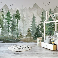 Watercolor Forest Wall Mural – Soft Green Woodland Kids Room Wallpaper
