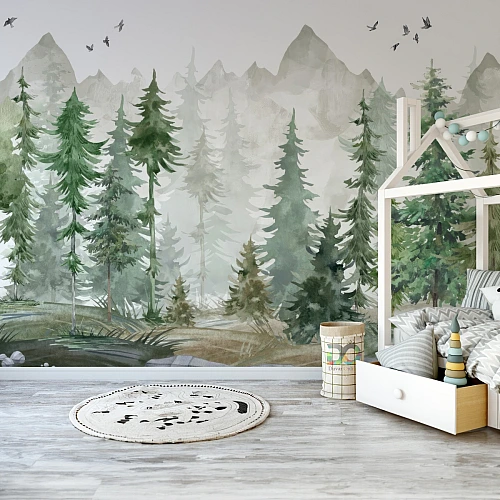 Watercolor Forest Wall Mural – Soft Green Woodland Kids Room Wallpaper