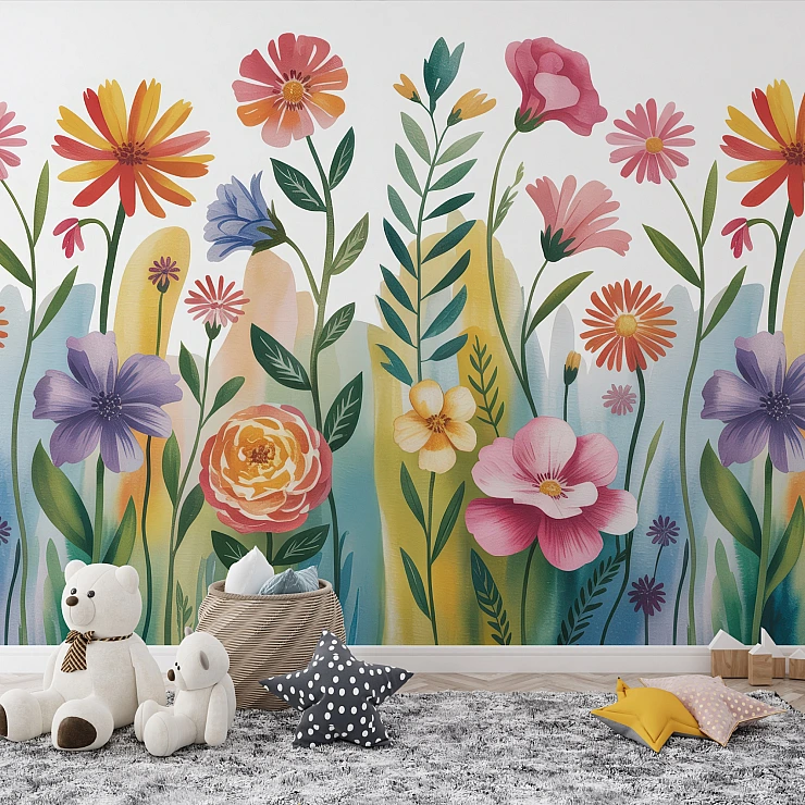 Colorful Floral Kids Wall Mural – Playful Garden Illustration Design Colorful Floral Kids Wall Mural – Playful Garden Illustration Design