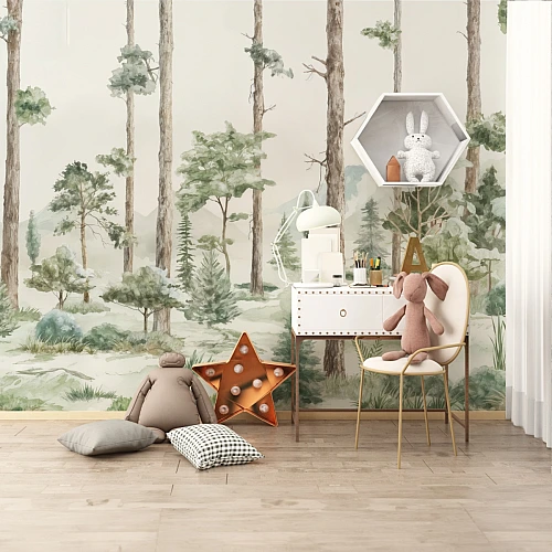 Soft Forest Landscape Wall Mural – Minimal Woodland Kids Wallpaper for Calm Interiors