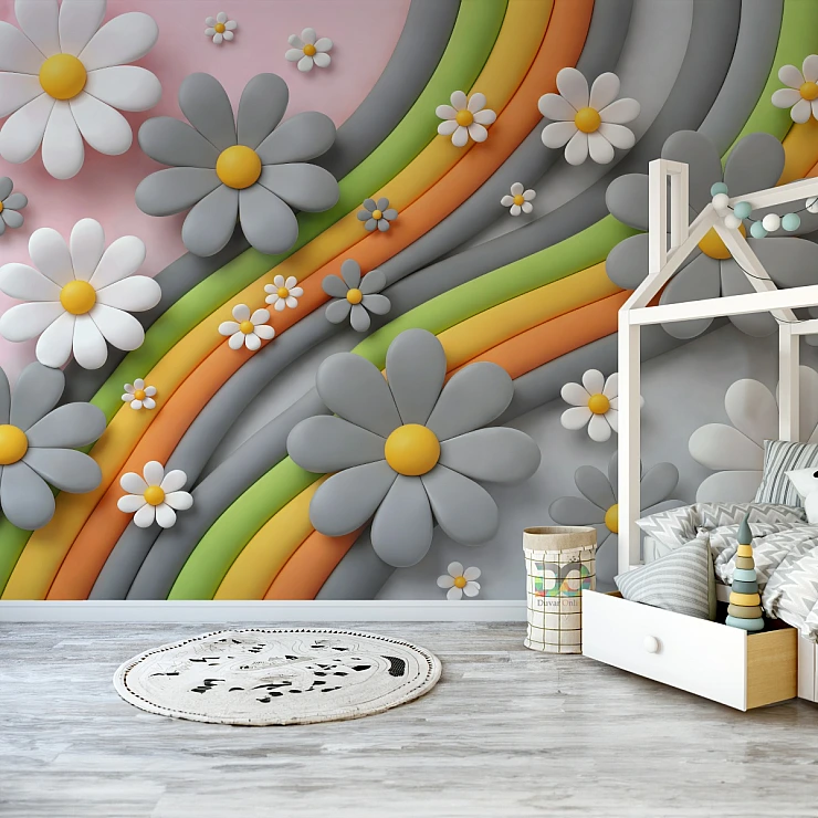3D Rainbow Flower Wall Mural – Colorful Kids Daisy Design