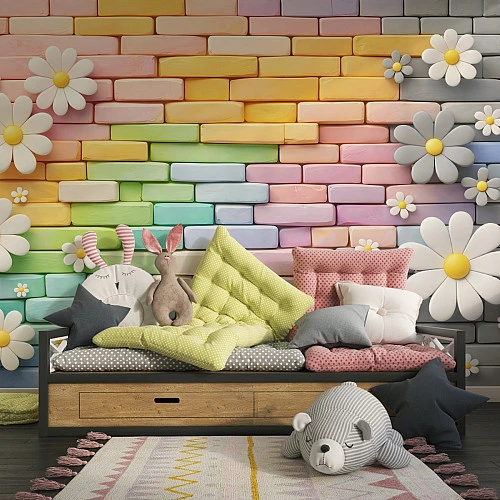 Rainbow Brick Kids Wall Mural – 3D Floral Colorful Design