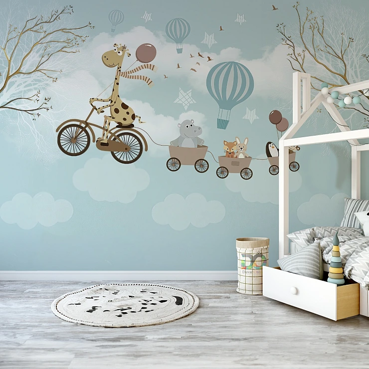 Cute Animal Train Wall Mural – Kids Giraffe Balloon Cartoon Design