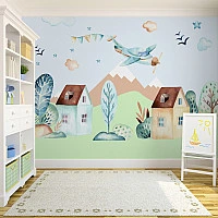 Kids Adventure Village Wall Mural – Cute Airplane Cartoon Landscape