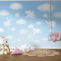 Cute Cloud Animal Wall Mural – Soft Blue Kids Sky Design