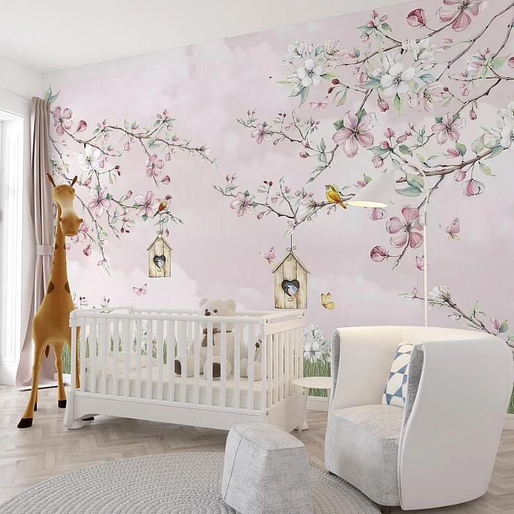 Blossom Tree Kids Wall Mural – Soft Pink Nursery Bird Design