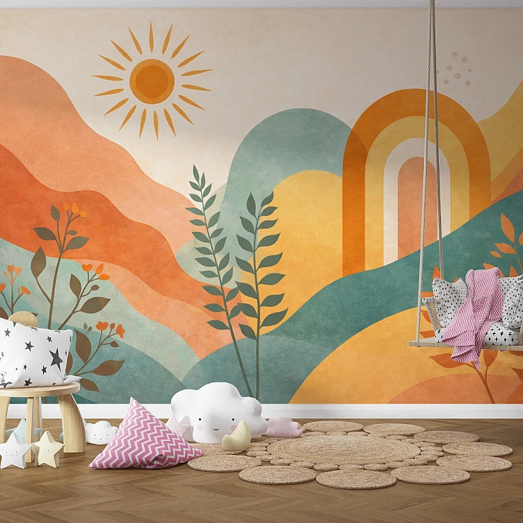 Boho Rainbow Kids Wall Mural – Abstract Sun Landscape Design