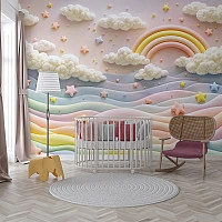 Pastel Rainbow Dreams Wall Mural – Soft Clouds & Stars Nursery Design